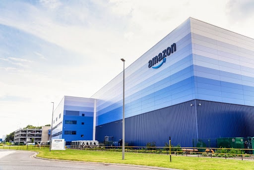 Amazon warehouse in gradient blue.