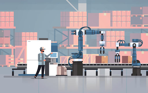 Male warehouse manager overseeing warehouse operations using robotics technology.