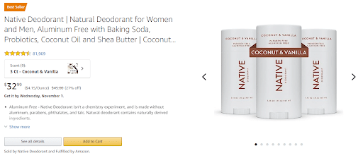 Native Deodorant Amazon product listing for their coconut & vanilla scent.